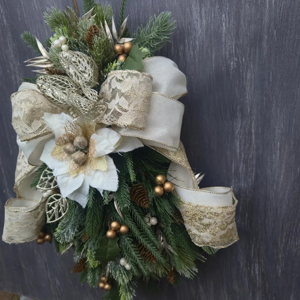 Handmade Elegant Champagne,Gold, Beige and Green Holiday Swag Wreath Door Hanger